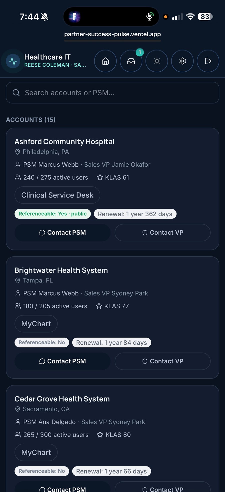 Sales view: accounts with location, owner, active users, referenceable status and renewal timing only (sample data)